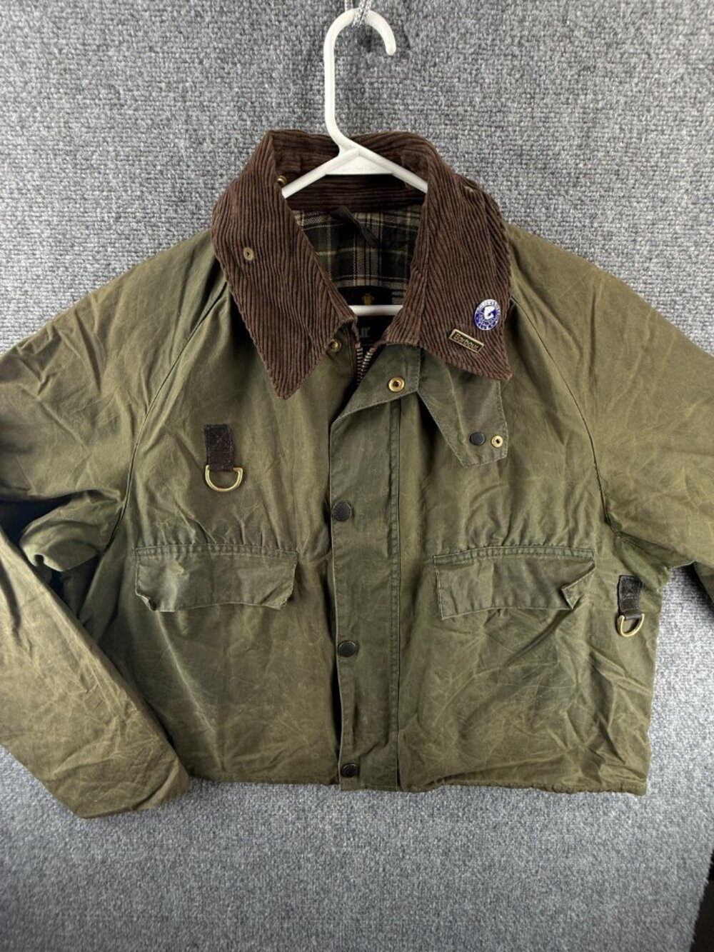 VTG Barbour Spey A130 Waxed Jacket Green Men Fishing Wasting Angler Pin Short - Picture 1 of 16